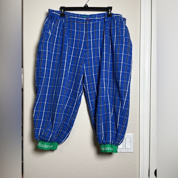 Men’s Blue Plaid Golf Knickers Pants with Green Cuffs. Comfort Elastic Sides. - Picture 1 of 12